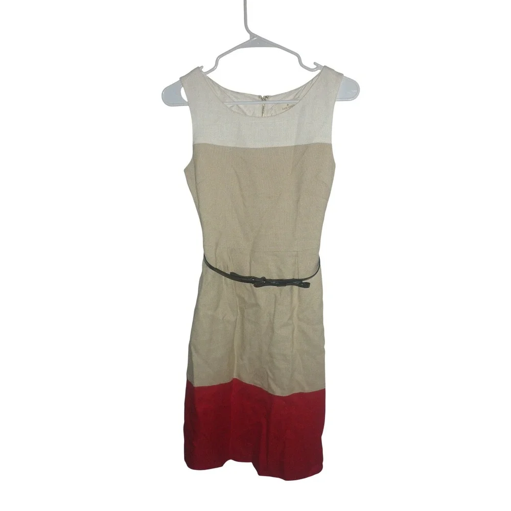 Kate Spade Colorblock Sheath‎ Dress Women 2 Red Tan White Belted